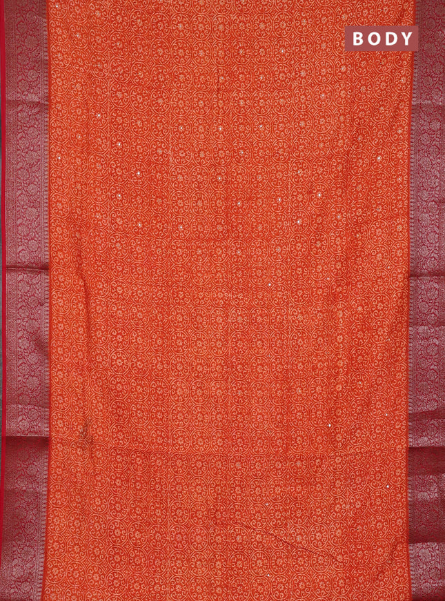 Chanderi silk cotton saree orange and maroon with allover prints & mirror work and banarasi style border