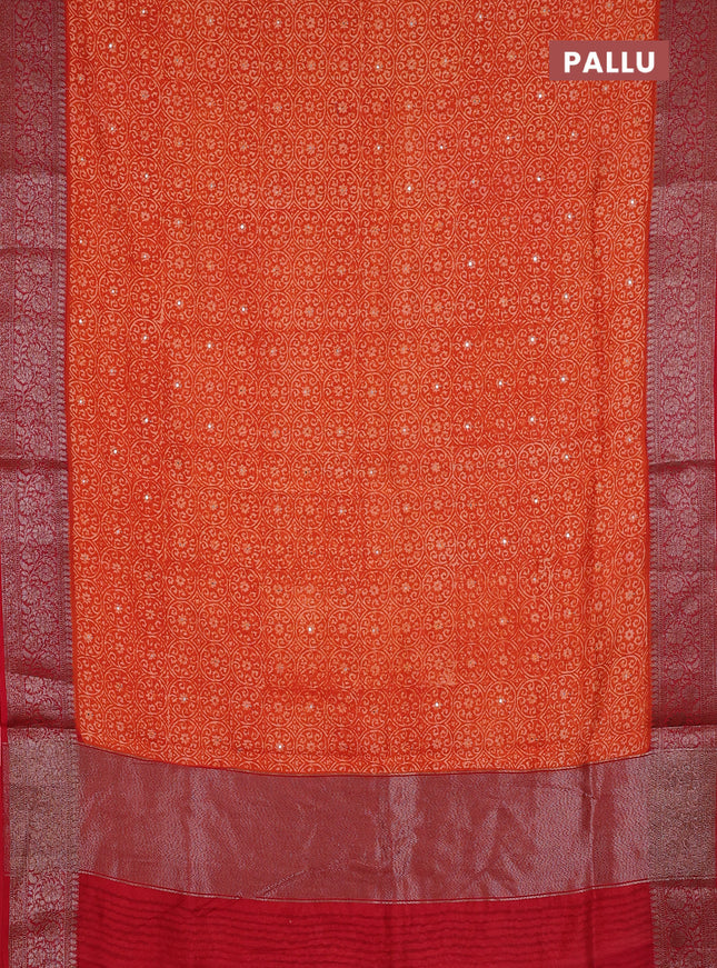 Chanderi silk cotton saree orange and maroon with allover prints & mirror work and banarasi style border