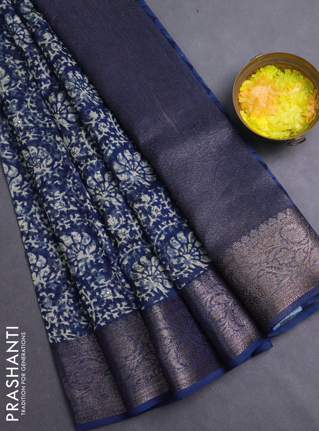 Chanderi silk cotton saree peacock blue with allover prints & mirror work and banarasi style border