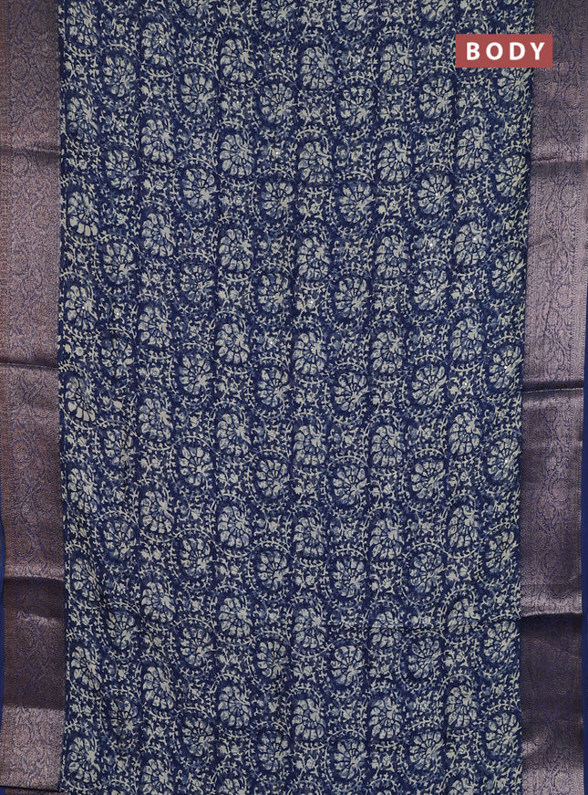 Chanderi silk cotton saree peacock blue with allover prints & mirror work and banarasi style border
