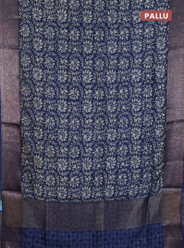 Chanderi silk cotton saree peacock blue with allover prints & mirror work and banarasi style border