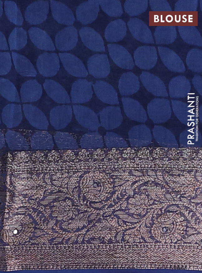 Chanderi silk cotton saree peacock blue with allover prints & mirror work and banarasi style border