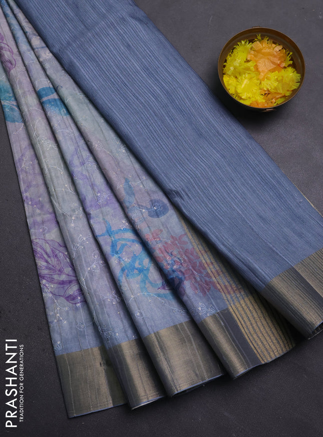Semi matka saree bluish grey with allover floral prints & sequence work and zari woven border