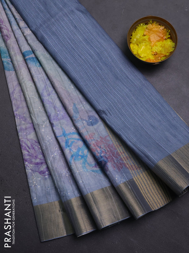 Semi matka saree bluish grey with allover floral prints & sequence work and zari woven border