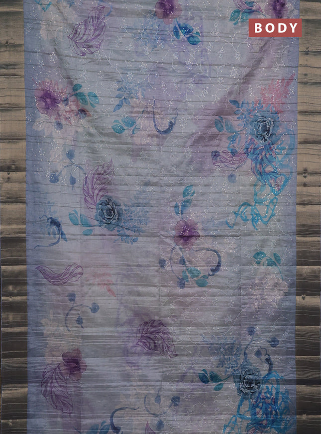 Semi matka saree bluish grey with allover floral prints & sequence work and zari woven border