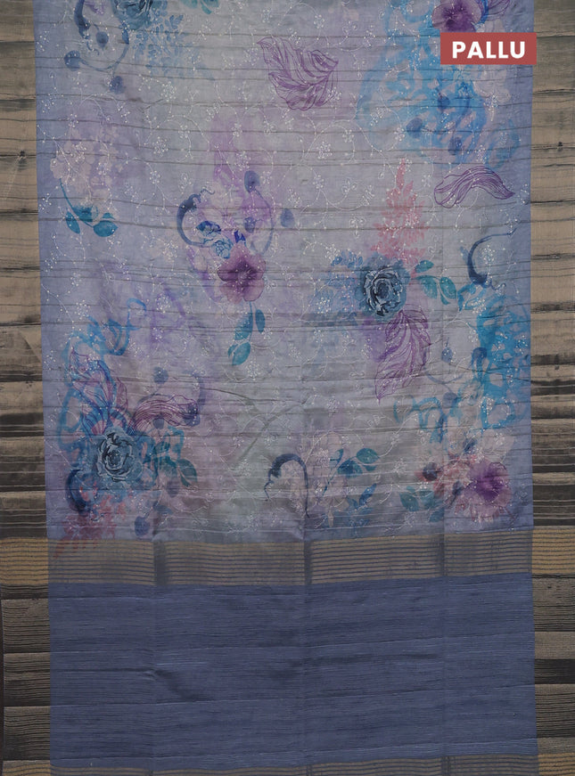 Semi matka saree bluish grey with allover floral prints & sequence work and zari woven border