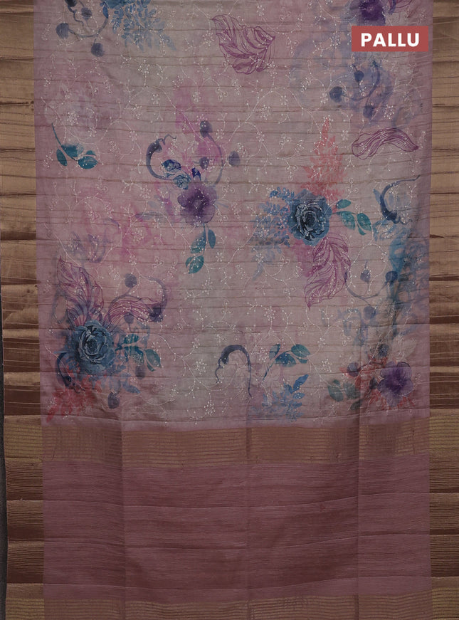 Semi matka saree pastel pink with allover floral prints & sequence work and zari woven border