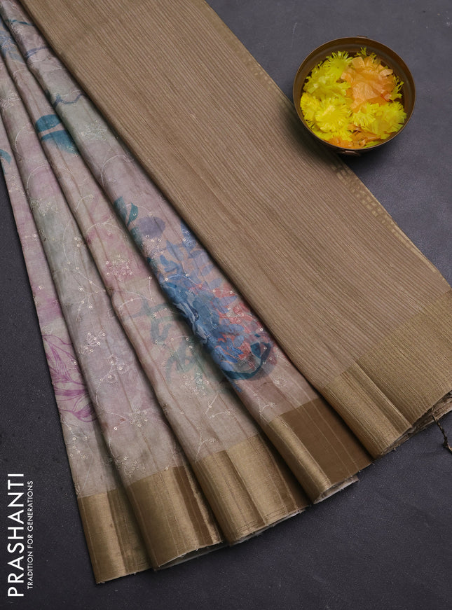 Semi matka saree beige with allover floral prints & sequence work and zari woven border