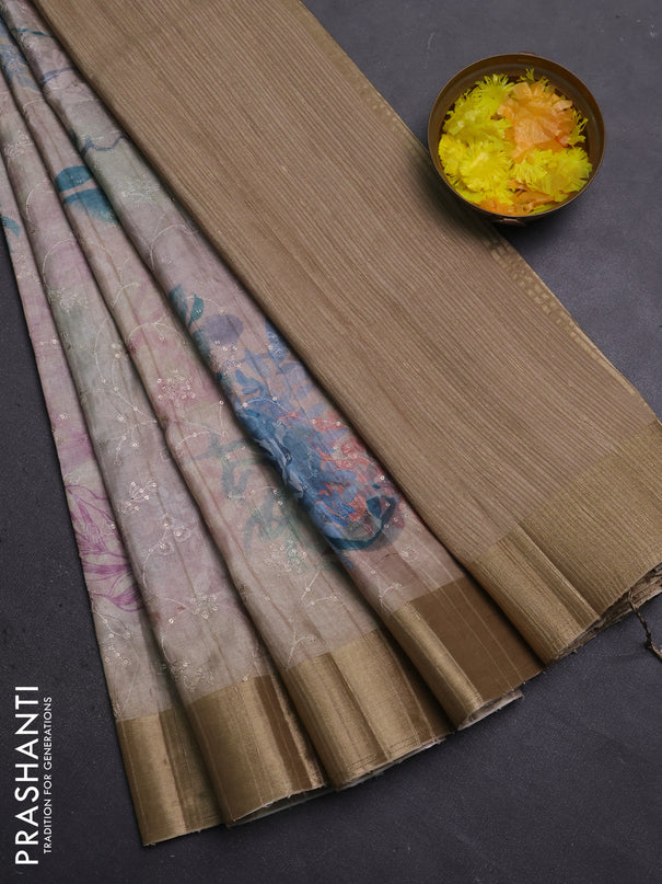 Semi matka saree beige with allover floral prints & sequence work and zari woven border