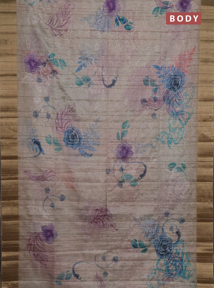 Semi matka saree beige with allover floral prints & sequence work and zari woven border