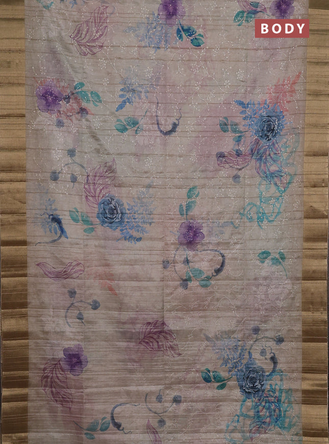 Semi matka saree beige with allover floral prints & sequence work and zari woven border
