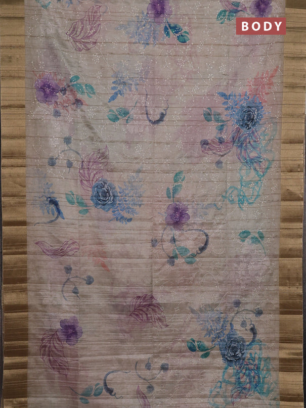 Semi matka saree beige with allover floral prints & sequence work and zari woven border
