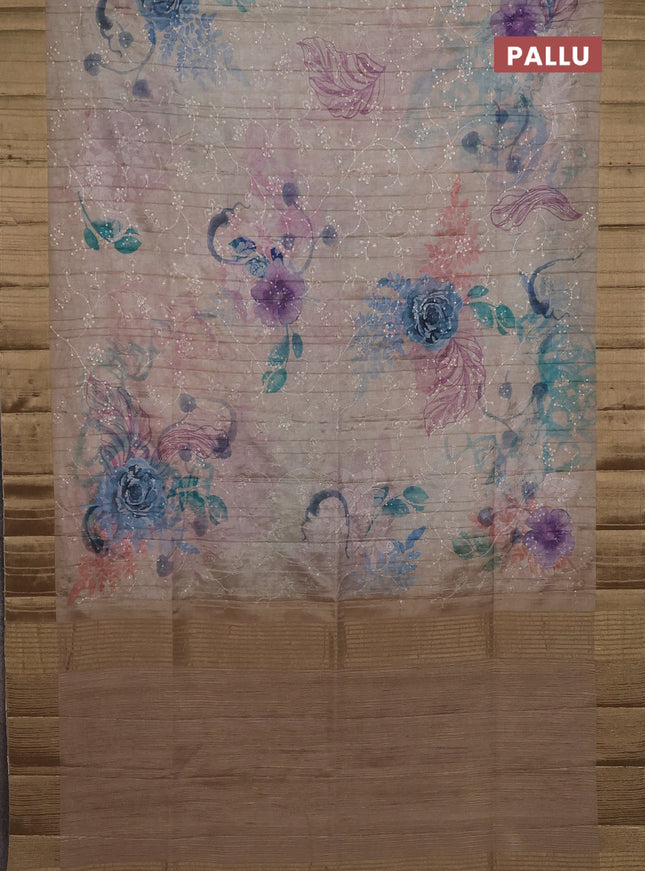 Semi matka saree beige with allover floral prints & sequence work and zari woven border
