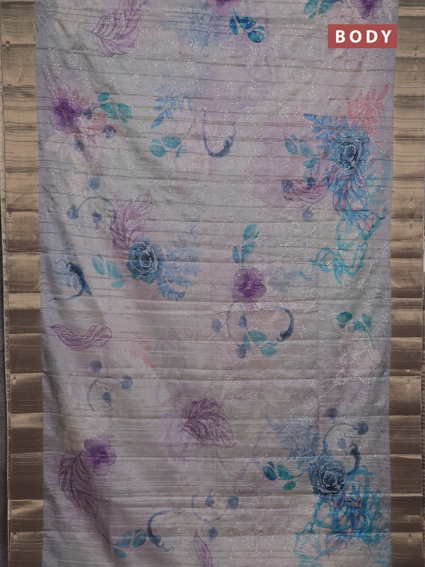 Semi matka saree grey with allover floral prints & sequence work and zari woven border