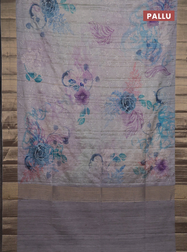 Semi matka saree grey with allover floral prints & sequence work and zari woven border