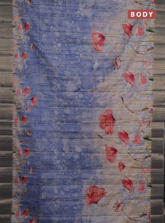Semi matka saree pasel blue with allover floral prints & sequence work and zari woven border