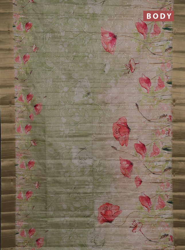 Semi matka saree pista green with allover floral prints & sequence work and zari woven border