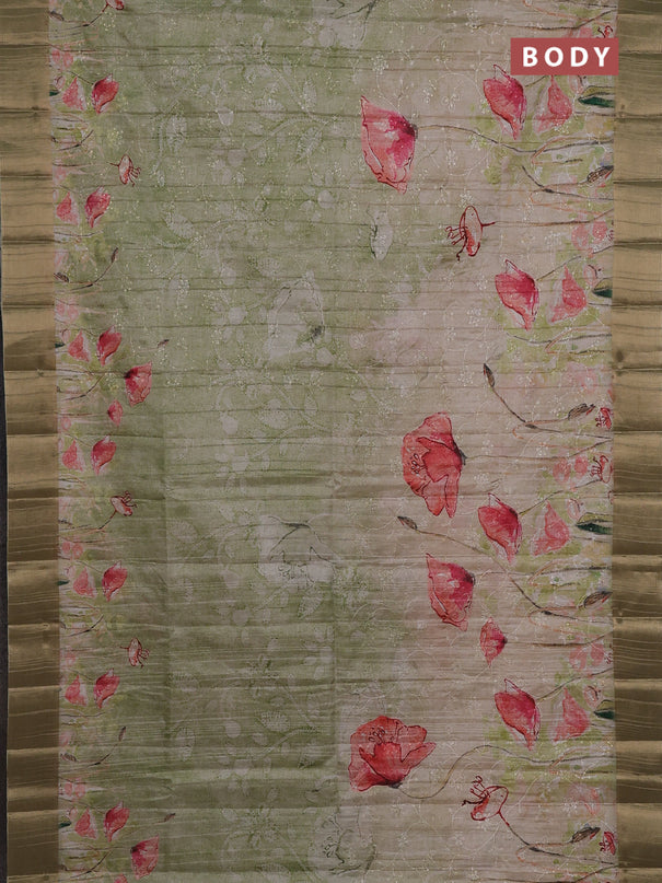 Semi matka saree pista green with allover floral prints & sequence work and zari woven border