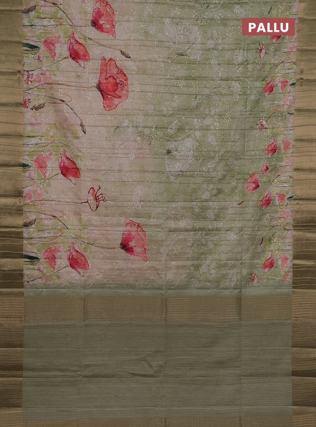 Semi matka saree pista green with allover floral prints & sequence work and zari woven border