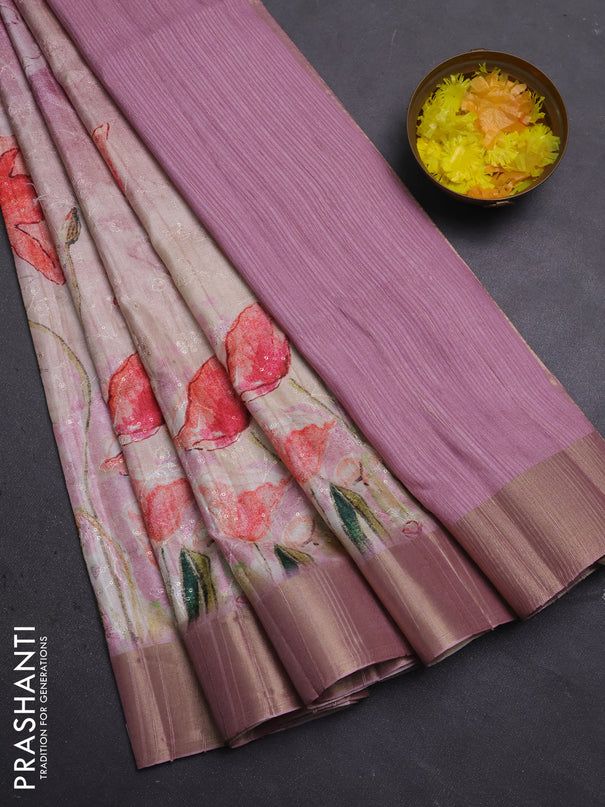 Semi matka saree pastel pink with allover floral prints & sequence work and zari woven border