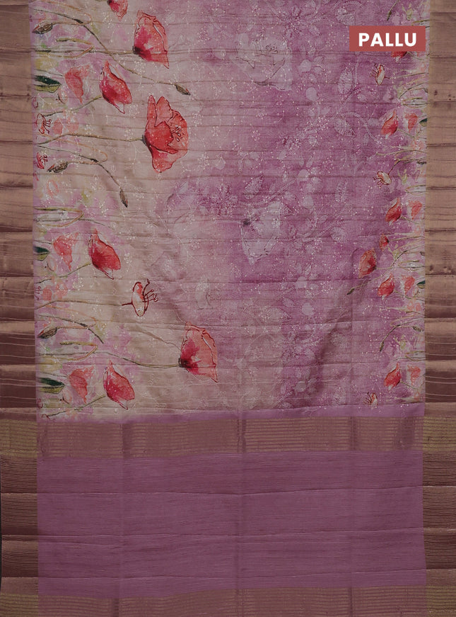 Semi matka saree pastel pink with allover floral prints & sequence work and zari woven border