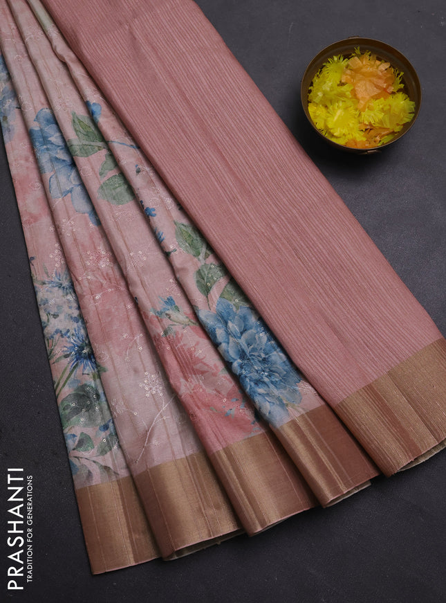 Semi matka saree peach shade with allover floral prints & sequence work and zari woven border