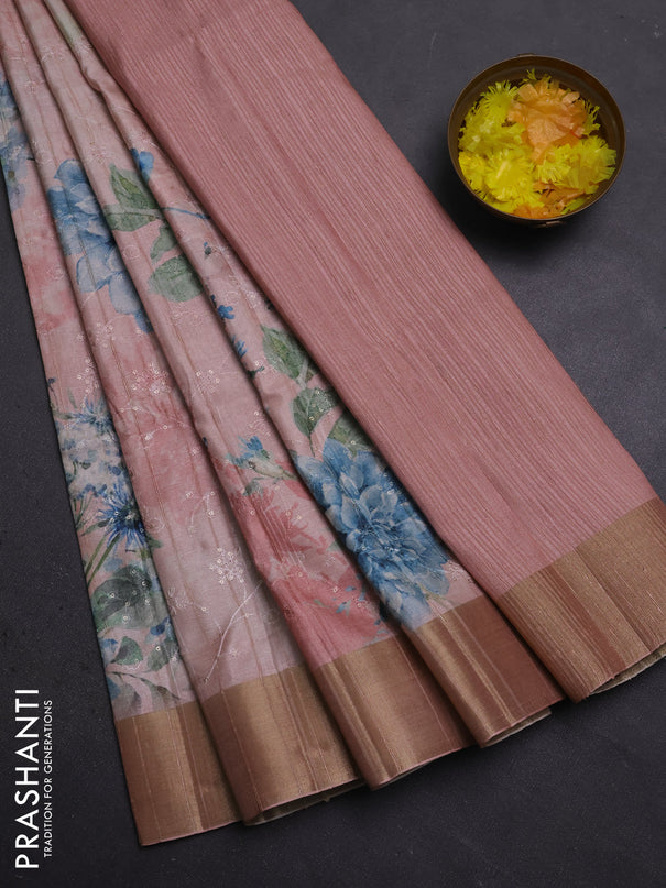 Semi matka saree peach shade with allover floral prints & sequence work and zari woven border