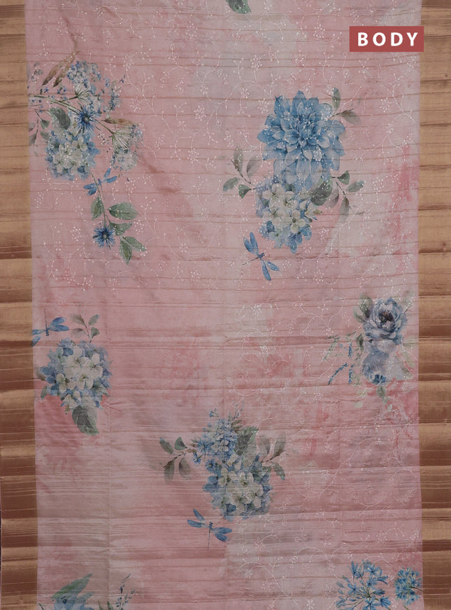 Semi matka saree peach shade with allover floral prints & sequence work and zari woven border