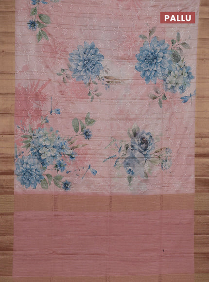 Semi matka saree peach shade with allover floral prints & sequence work and zari woven border