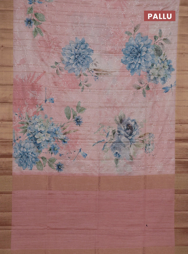 Semi matka saree peach shade with allover floral prints & sequence work and zari woven border