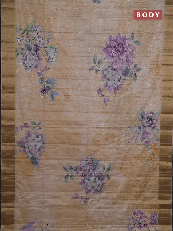 Semi matka saree pastel purple and sandal with allover floral prints & sequence work and zari woven border