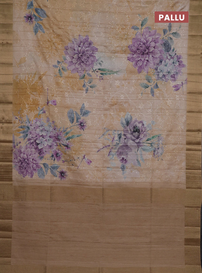 Semi matka saree pastel purple and sandal with allover floral prints & sequence work and zari woven border