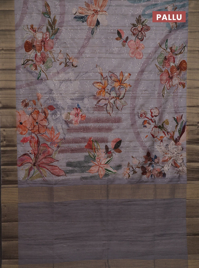 Semi matka saree grey with allover floral prints & sequence work and zari woven border
