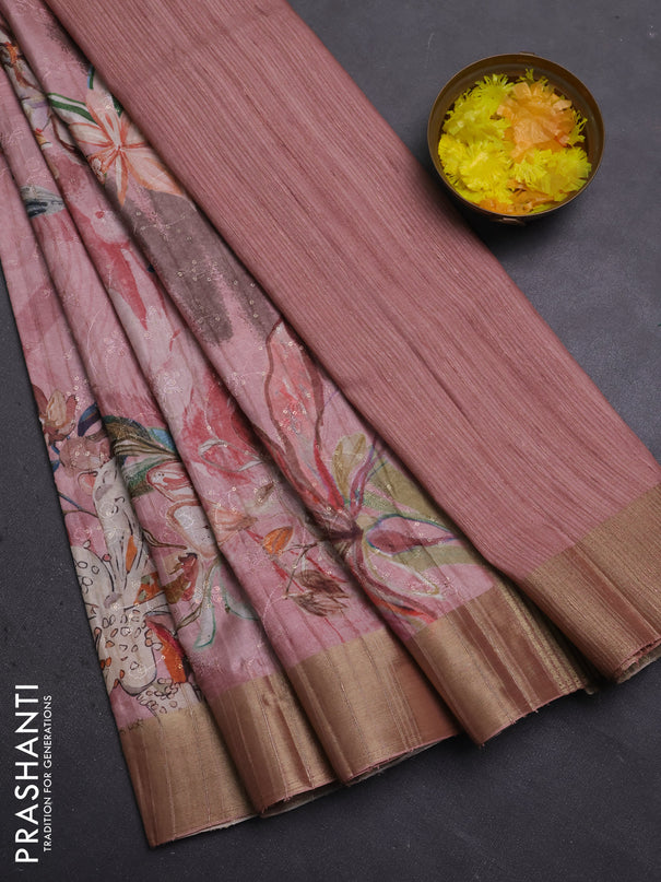 Semi matka saree pastel pink with allover floral prints & sequence work and zari woven border