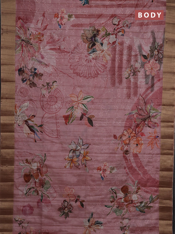 Semi matka saree pastel pink with allover floral prints & sequence work and zari woven border