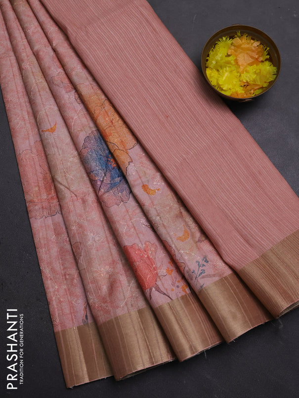 Semi matka saree peach shade with allover floral prints & sequence work and zari woven border