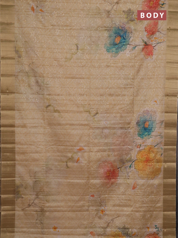 Semi matka saree beige and sandal with allover floral prints & sequence work and zari woven border