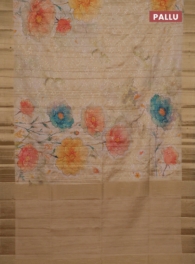 Semi matka saree beige and sandal with allover floral prints & sequence work and zari woven border