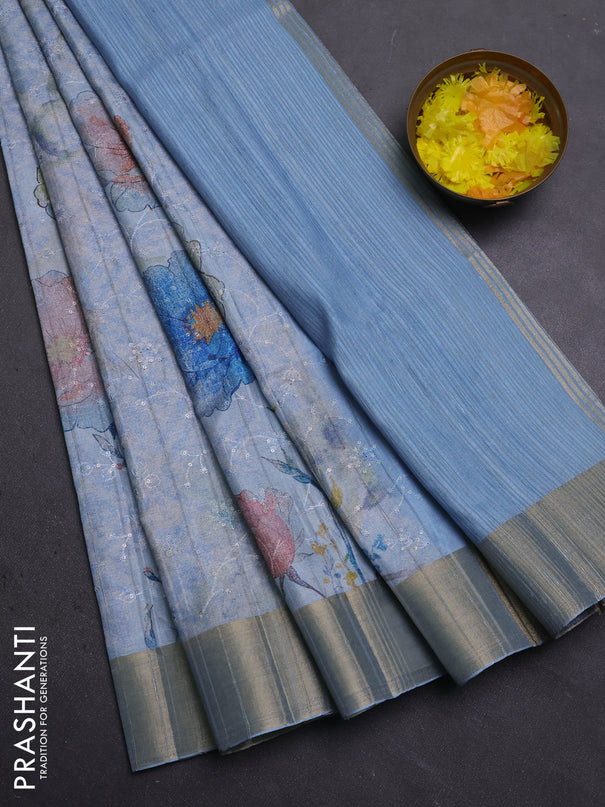 Semi matka saree pastel blue with allover floral prints & sequence work and zari woven border