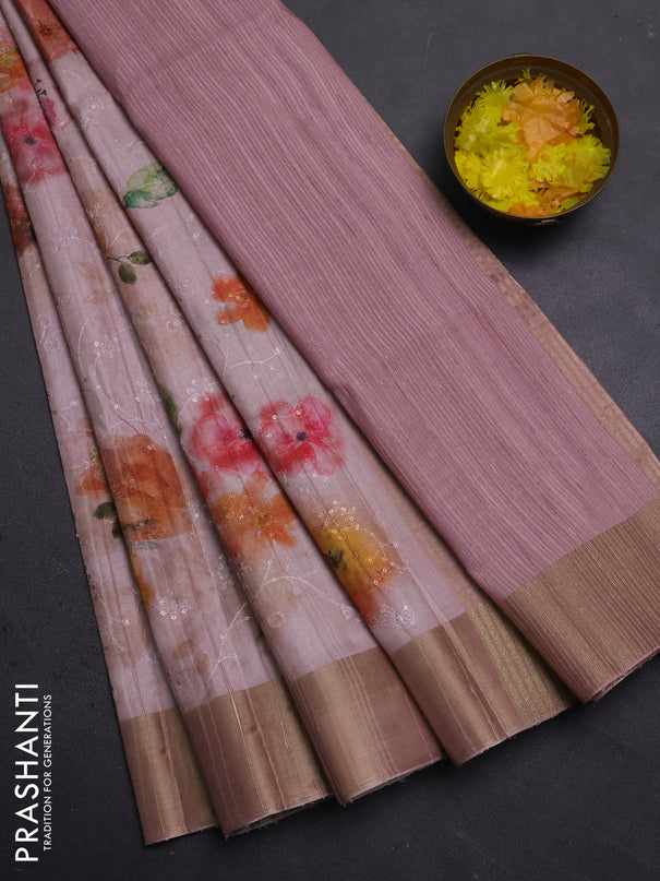 Semi matka saree peach shade with allover floral prints & sequence work and zari woven border
