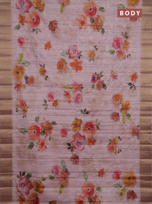 Semi matka saree peach shade with allover floral prints & sequence work and zari woven border