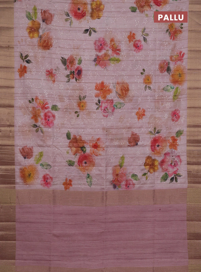Semi matka saree peach shade with allover floral prints & sequence work and zari woven border