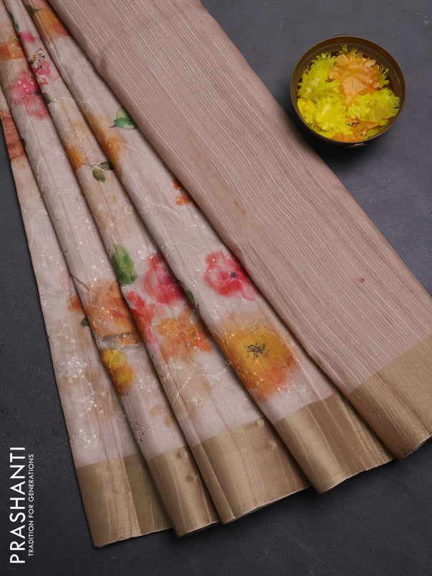 Semi matka saree sandal with allover floral prints & sequence work and zari woven border