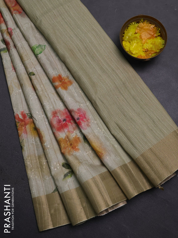 Semi matka saree pista green with allover floral prints & sequence work and zari woven border