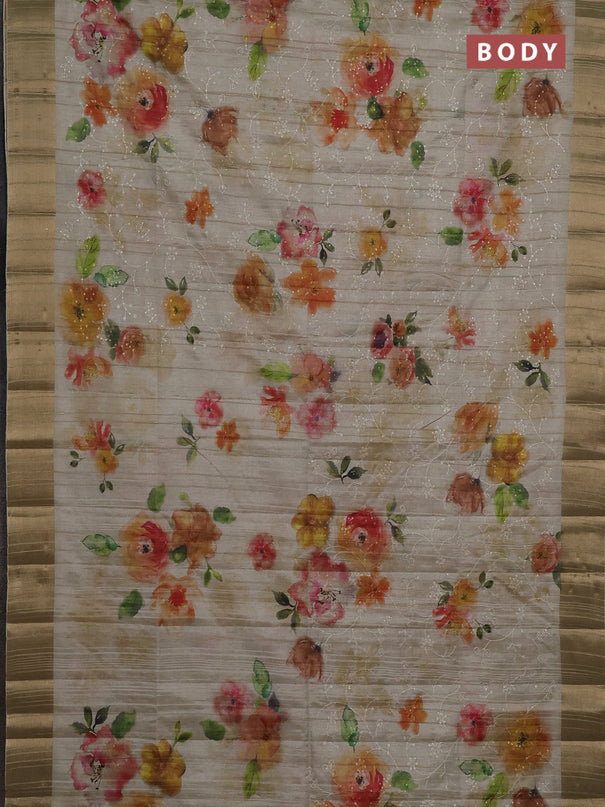 Semi matka saree pista green with allover floral prints & sequence work and zari woven border