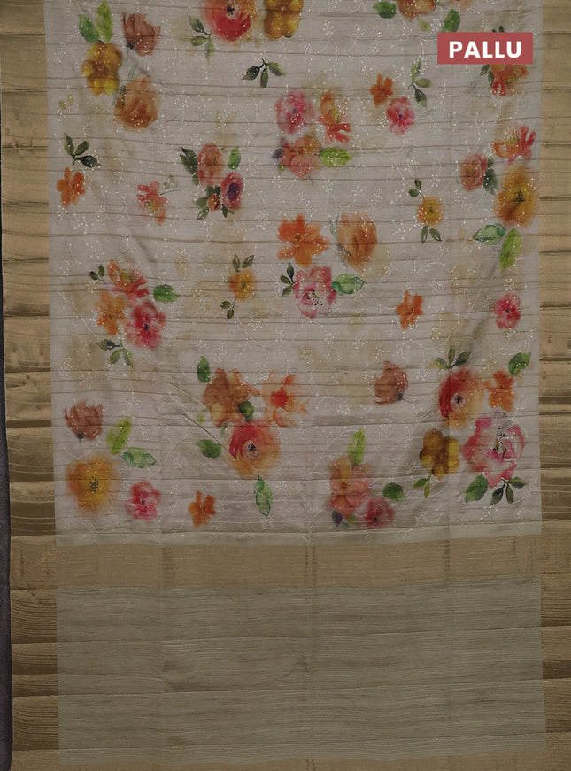 Semi matka saree pista green with allover floral prints & sequence work and zari woven border