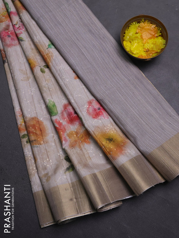 Semi matka saree beige with allover floral prints & sequence work and zari woven border