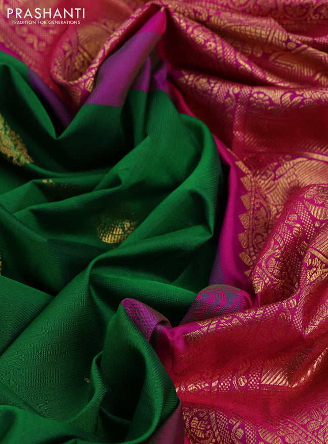 Pure gadwal silk saree green and magenta pink with annam zari woven buttas and temple design zari woven border