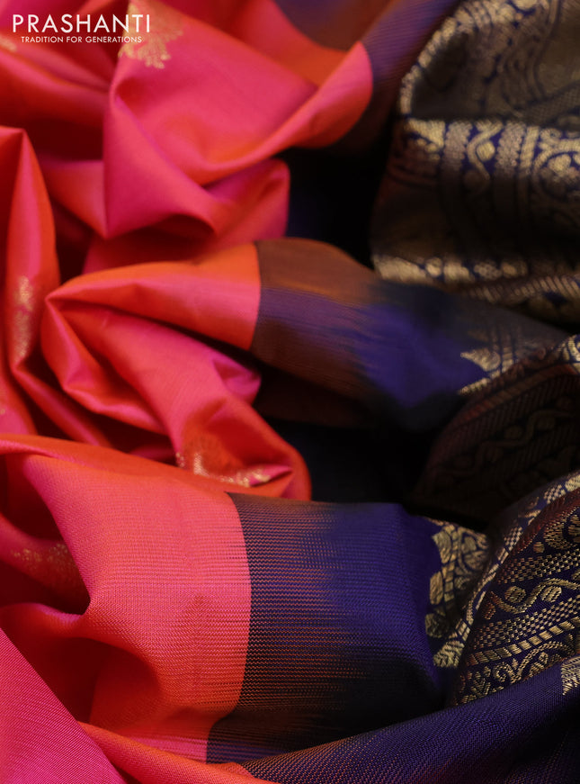 Pure gadwal silk saree dual shade of peach pink and navy blue with annam zari woven buttas and temple design zari woven border