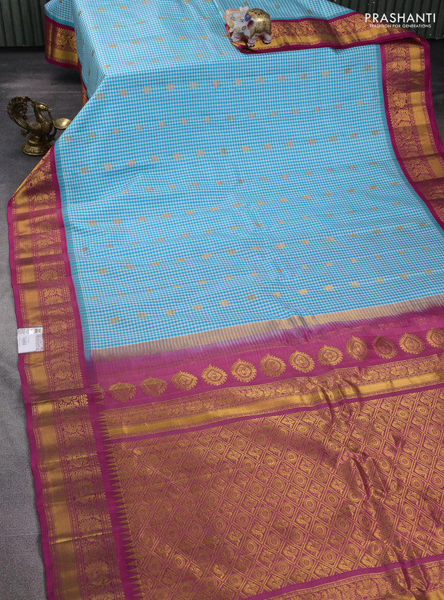 Pure gadwal silk saree off white light blue and pink with allover small checks & zari buttas and temple design zari woven border